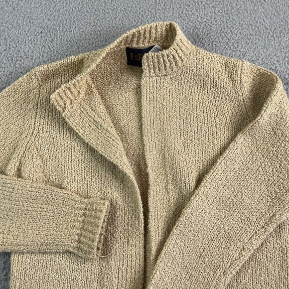 LeRoy Sweater Womens Medium Tan Knit Cardigan Acrylic Open Front Patch Pockets - Picture 4 of 10